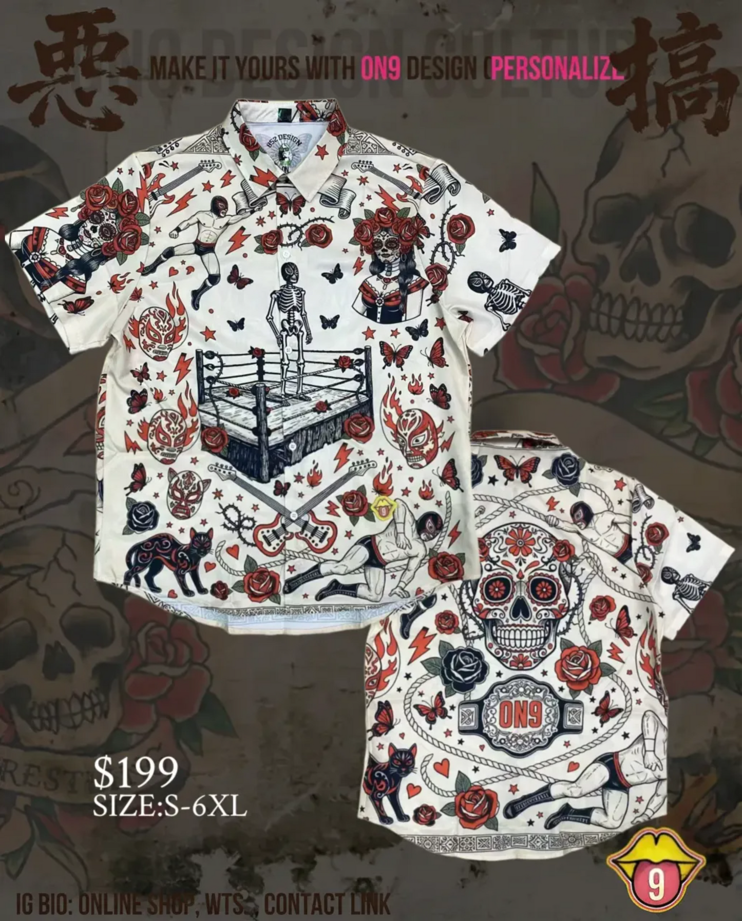 FULL Print Shirt(Wrestling, Day of the Dead, Rock Style)