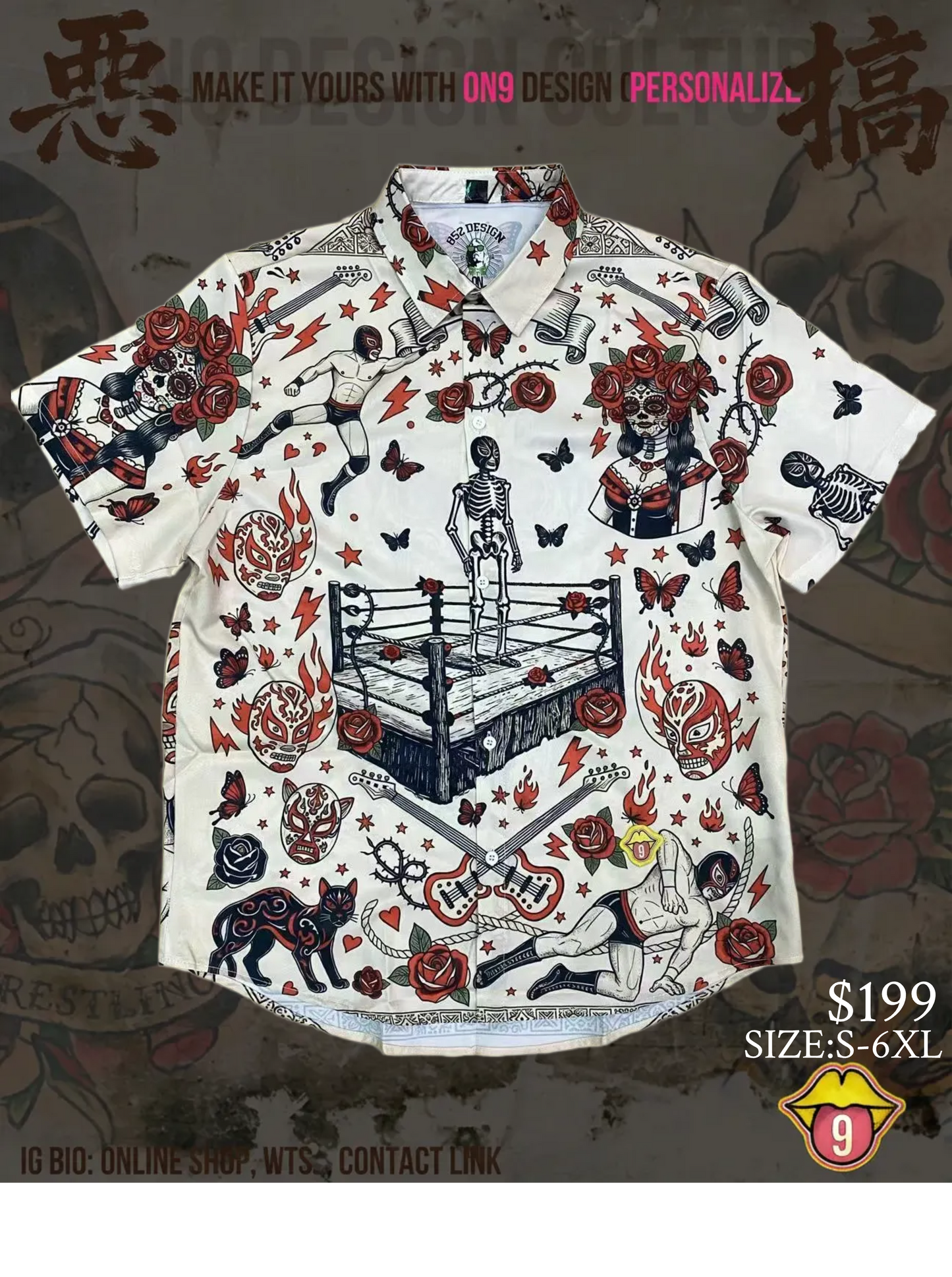 FULL Print Shirt(Wrestling, Day of the Dead, Rock Style)