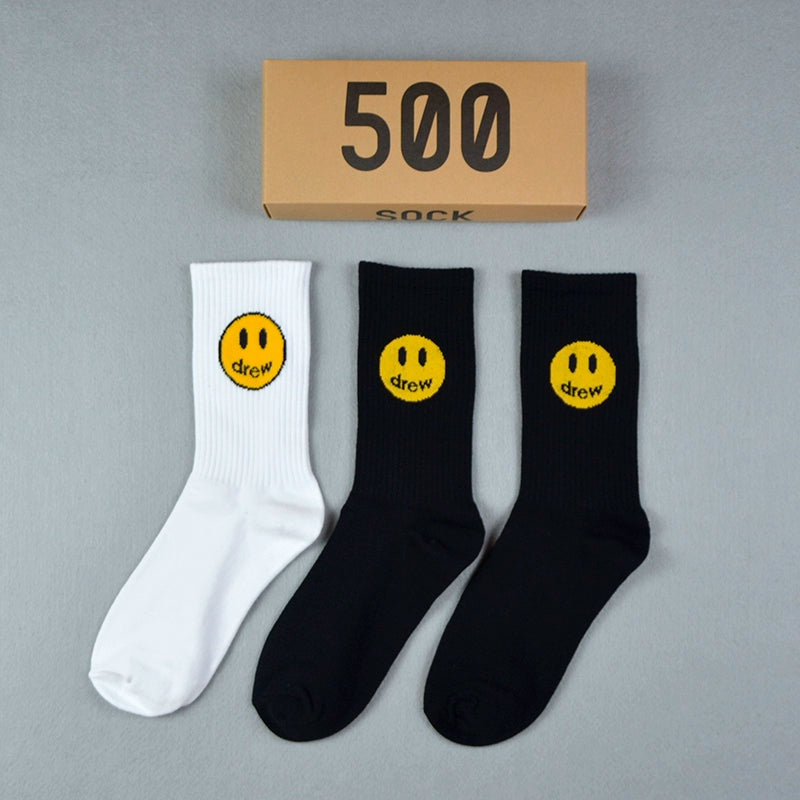 Drew smiley socks men's stockings women's spring and summer pure cotton medium tube tie-dye street with ins tide yellow stripes