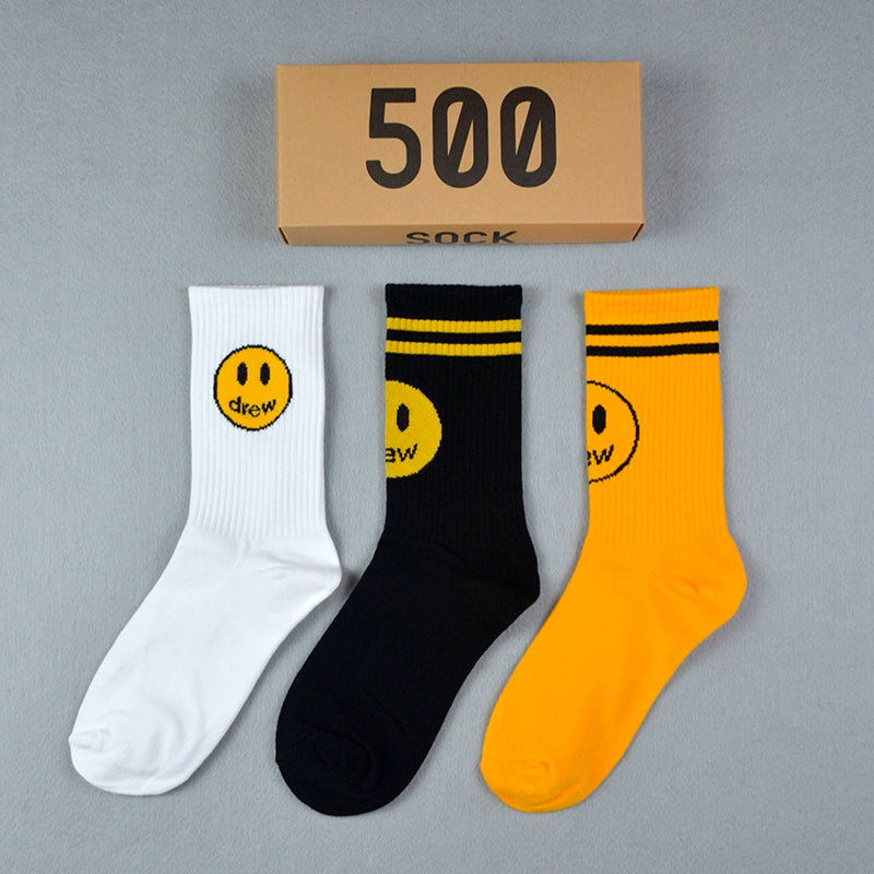 Drew smiley socks men's stockings women's spring and summer pure cotton medium tube tie-dye street with ins tide yellow stripes