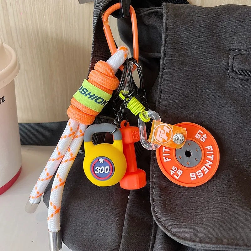 Sports style keychain, fitness dumbbell barbell piece pendant, DIY men's and women's backpacks, fashion lanyard, clothing pendant, luggage, outdoor backpack, mobile phone lanyard, keychain, trinkets, ins fashion hook