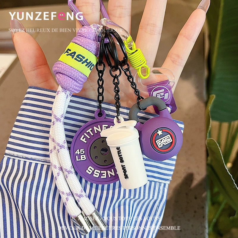Sports style keychain, fitness dumbbell barbell piece pendant, DIY men's and women's backpacks, fashion lanyard, clothing pendant, luggage, outdoor backpack, mobile phone lanyard, keychain, trinkets, ins fashion hook