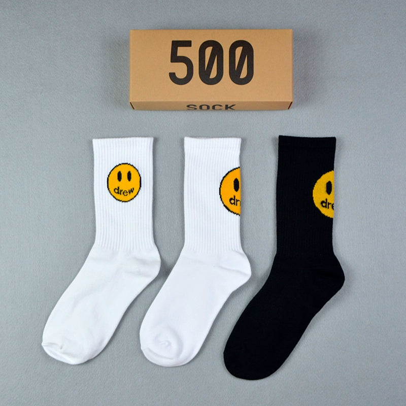 Drew smiley socks men's stockings women's spring and summer pure cotton medium tube tie-dye street with ins tide yellow stripes
