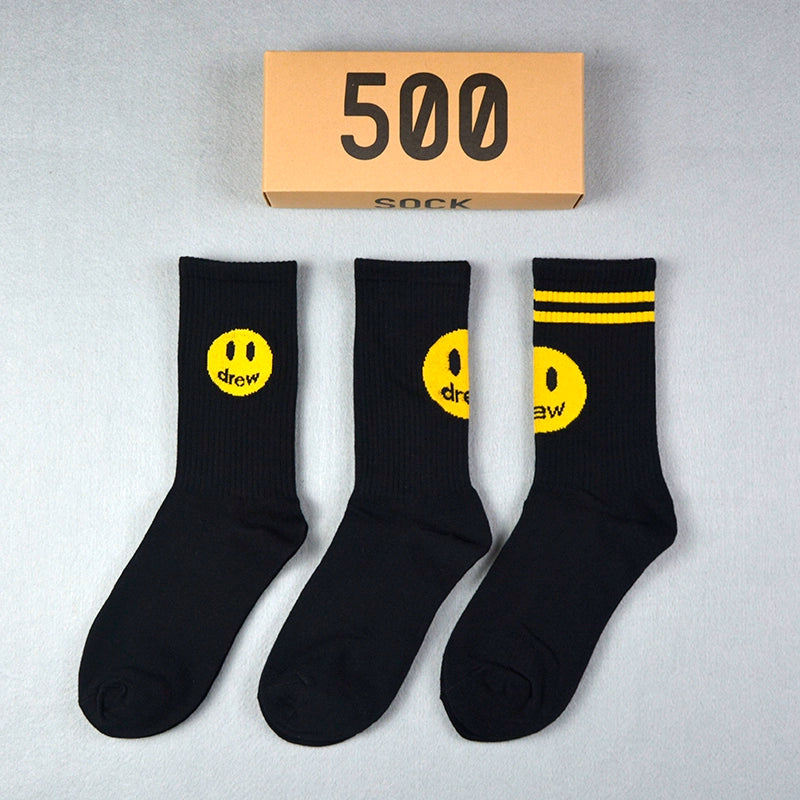 Drew smiley socks men's stockings women's spring and summer pure cotton medium tube tie-dye street with ins tide yellow stripes