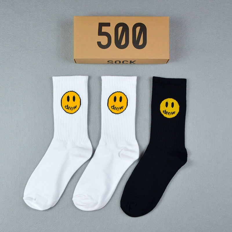 Drew smiley socks men's stockings women's spring and summer pure cotton medium tube tie-dye street with ins tide yellow stripes