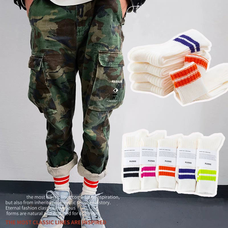 Men's Japanese retro Hong Kong style embroidery, striped medium and long ins tide socks, female couple cotton socks