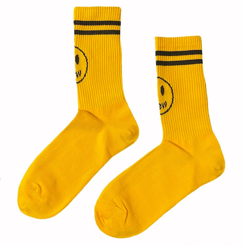 Drew smiley socks men's stockings women's spring and summer pure cotton medium tube tie-dye street with ins tide yellow stripes