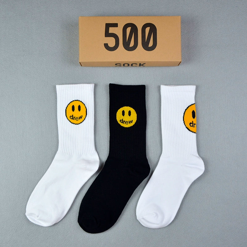 Drew smiley socks men's stockings women's spring and summer pure cotton medium tube tie-dye street with ins tide yellow stripes