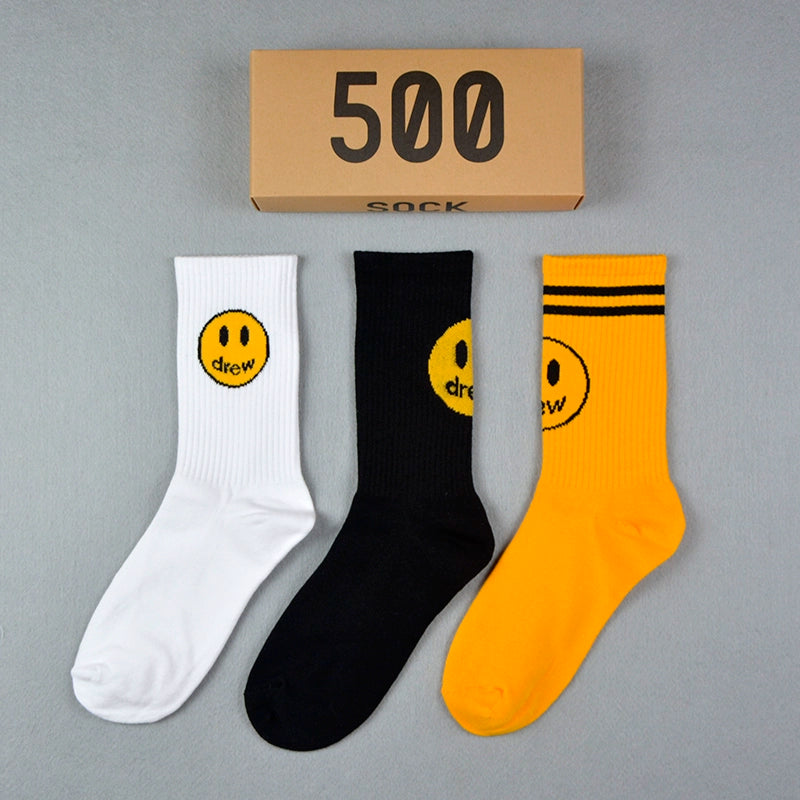 Drew smiley socks men's stockings women's spring and summer pure cotton medium tube tie-dye street with ins tide yellow stripes