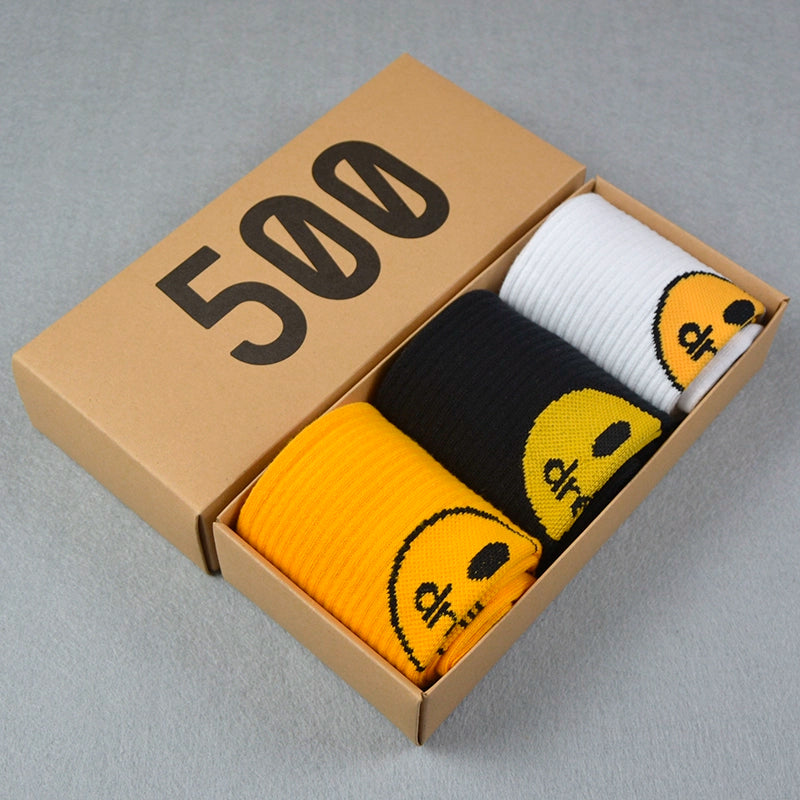 Drew smiley socks men's stockings women's spring and summer pure cotton medium tube tie-dye street with ins tide yellow stripes