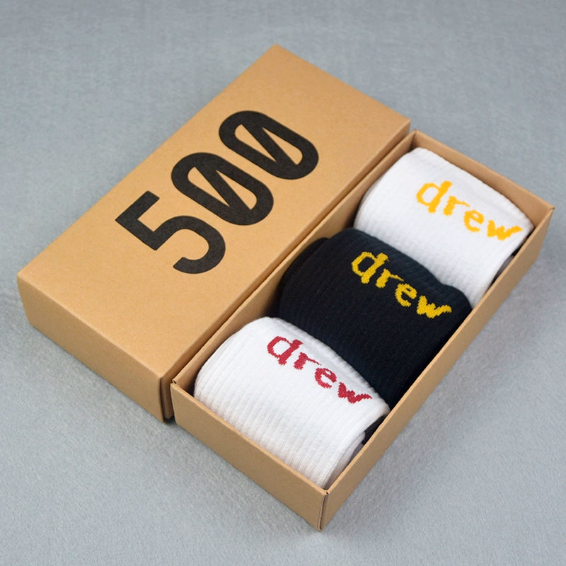 Drew smiley socks men's stockings women's spring and summer pure cotton medium tube tie-dye street with ins tide yellow stripes