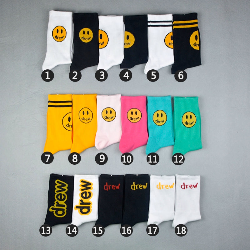 Drew smiley socks men's stockings women's spring and summer pure cotton medium tube tie-dye street with ins tide yellow stripes