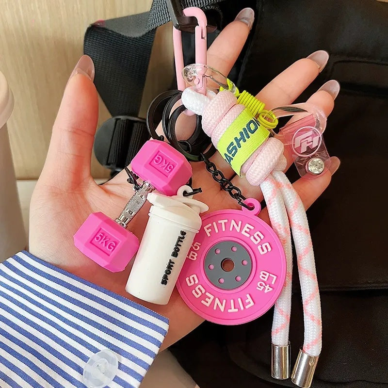 Sports style keychain, fitness dumbbell barbell piece pendant, DIY men's and women's backpacks, fashion lanyard, clothing pendant, luggage, outdoor backpack, mobile phone lanyard, keychain, trinkets, ins fashion hook