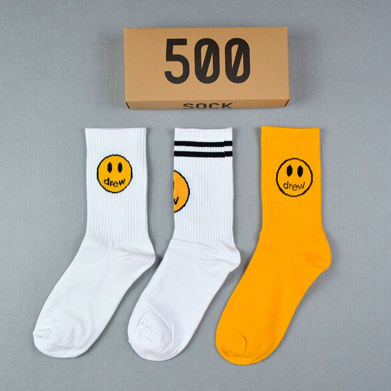 Drew smiley socks men's stockings women's spring and summer pure cotton medium tube tie-dye street with ins tide yellow stripes