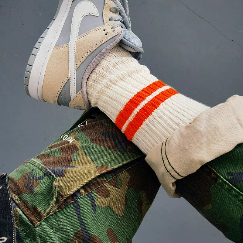 Men's Japanese retro Hong Kong style embroidery, striped medium and long ins tide socks, female couple cotton socks