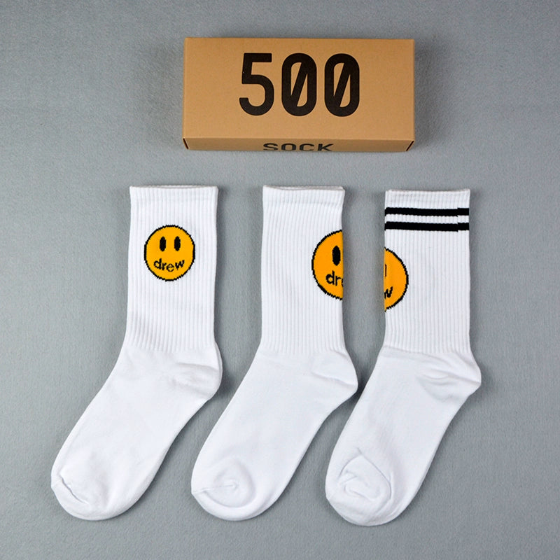 Drew smiley socks men's stockings women's spring and summer pure cotton medium tube tie-dye street with ins tide yellow stripes