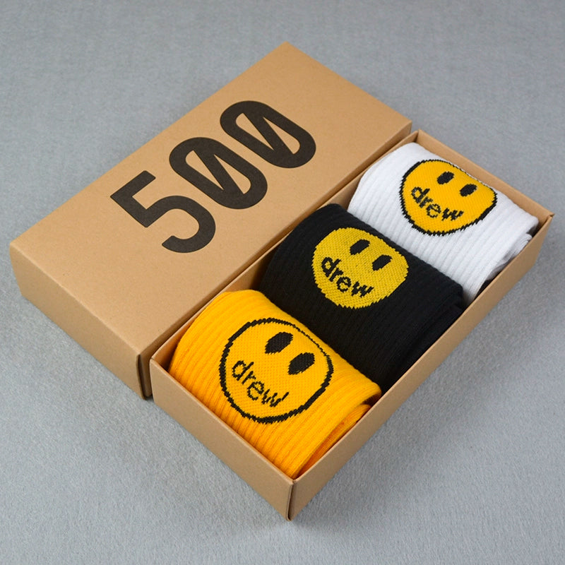 Drew smiley socks men's stockings women's spring and summer pure cotton medium tube tie-dye street with ins tide yellow stripes