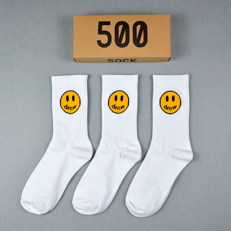 Drew smiley socks men's stockings women's spring and summer pure cotton medium tube tie-dye street with ins tide yellow stripes