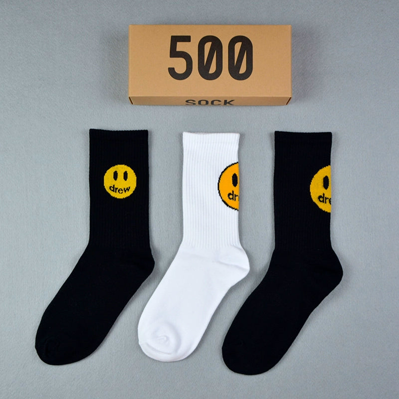 Drew smiley socks men's stockings women's spring and summer pure cotton medium tube tie-dye street with ins tide yellow stripes