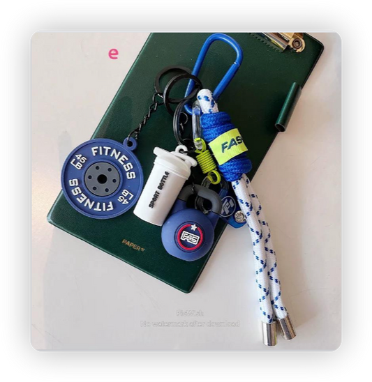 Sports style keychain, fitness dumbbell barbell piece pendant, DIY men's and women's backpacks, fashion lanyard, clothing pendant, luggage, outdoor backpack, mobile phone lanyard, keychain, trinkets, ins fashion hook